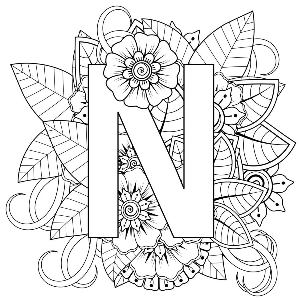 Letter N with Mehndi flower. decorative ornament in ethnic oriental vector