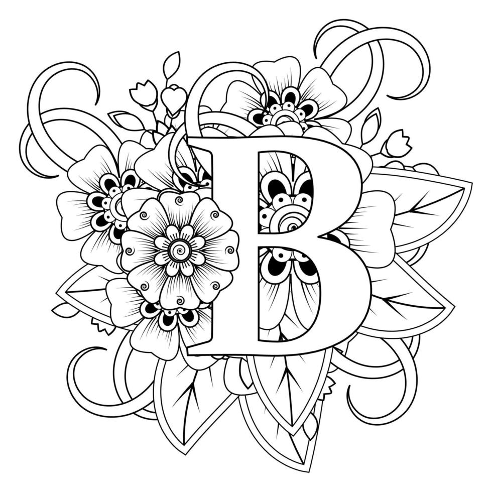 Letter B with Mehndi flower. decorative ornament in ethnic oriental vector