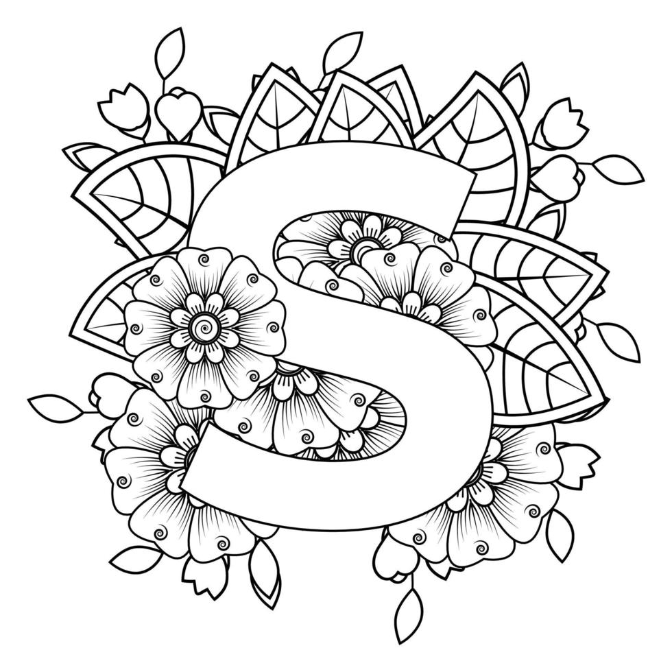 Letter S with Mehndi flower. decorative ornament in ethnic oriental vector