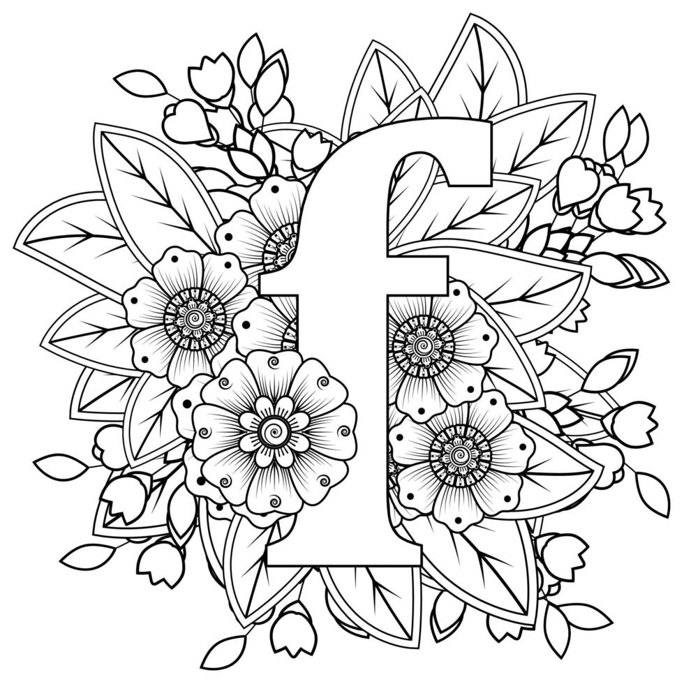 Letter F with Mehndi flower. decorative ornament in ethnic oriental vector