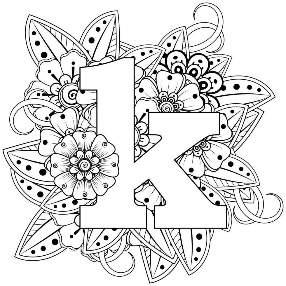 Letter K with Mehndi flower. decorative ornament in ethnic oriental vector