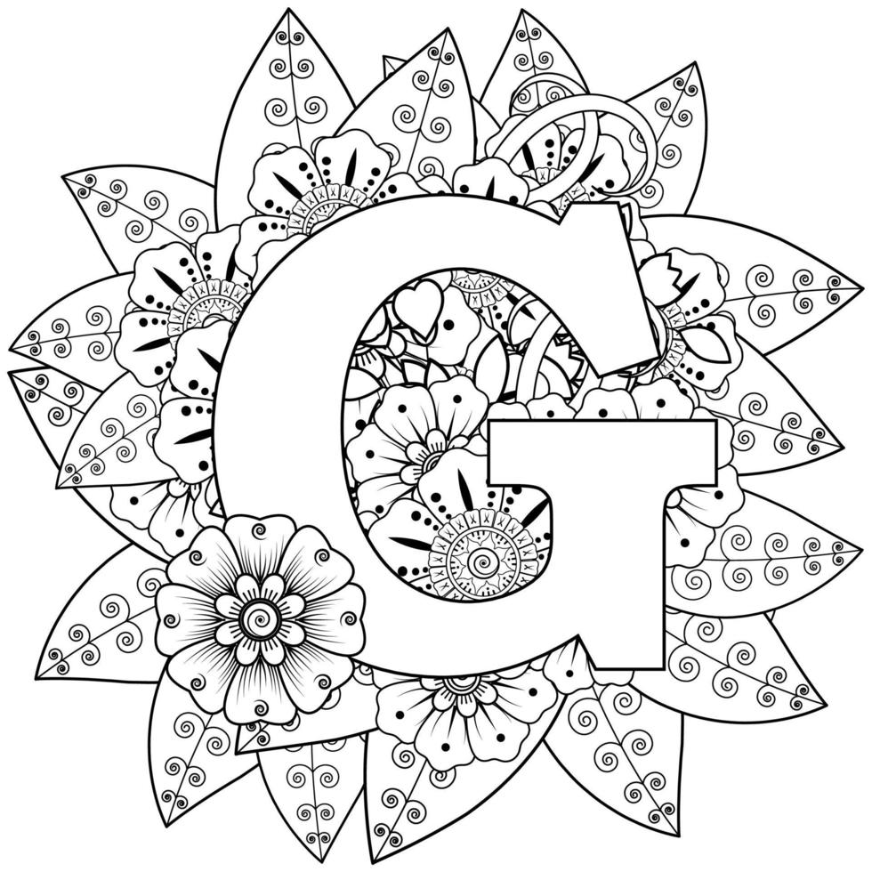 Letter G with Mehndi flower. decorative ornament in ethnic oriental vector