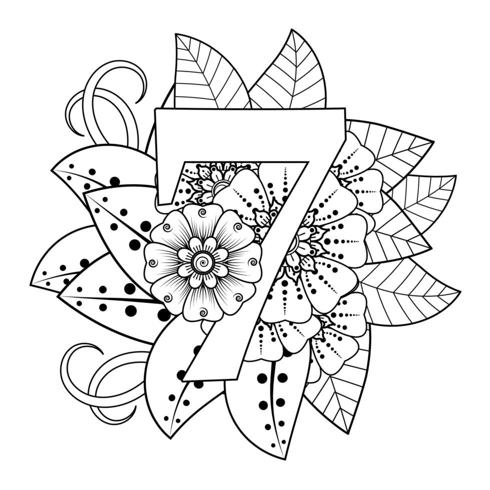 Number 7 with Mehndi flower. decorative ornament in ethnic oriental. vector