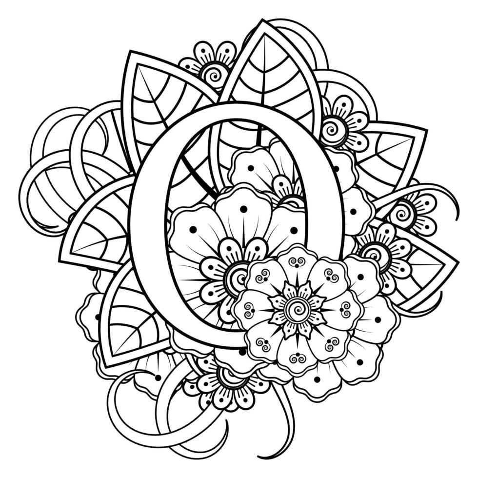 Letter O with Mehndi flower. decorative ornament in ethnic oriental vector