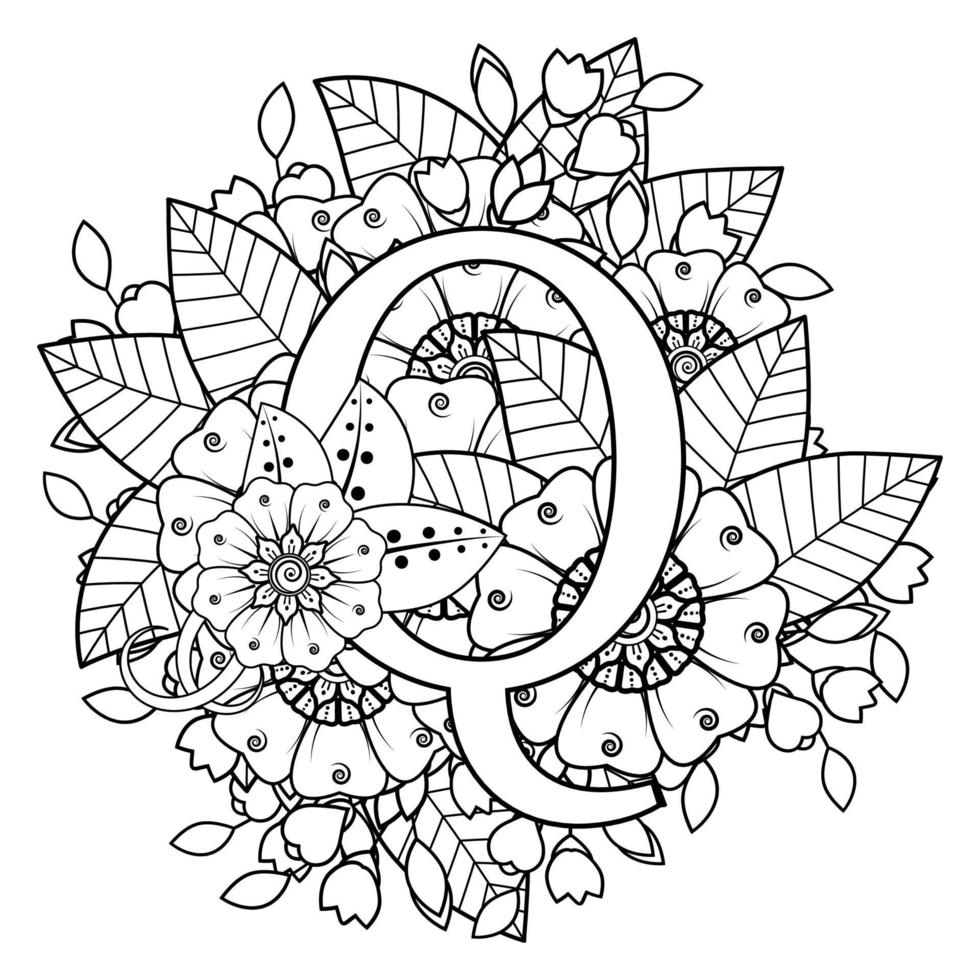 Letter Q with Mehndi flower. decorative ornament in ethnic oriental vector