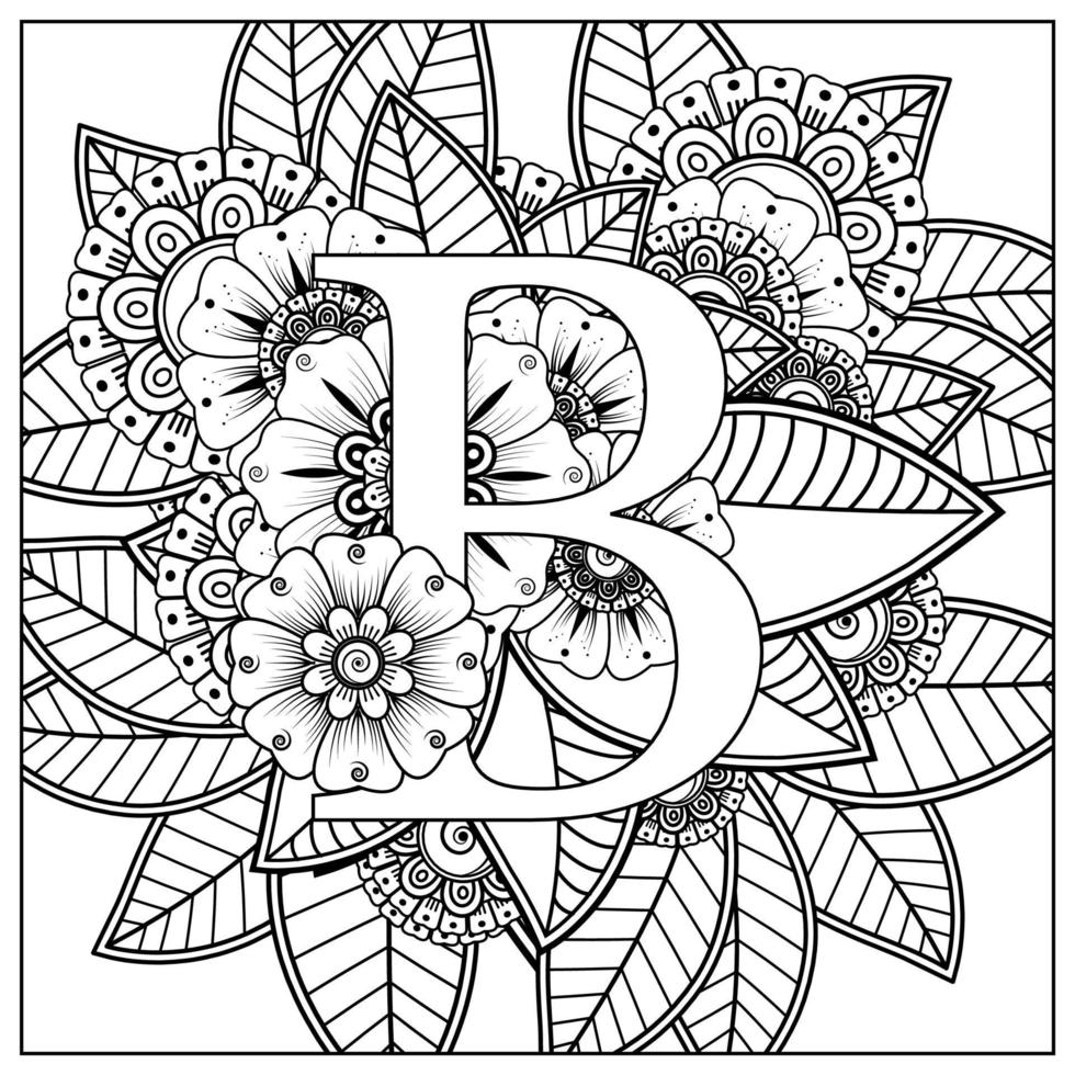 Letter B with Mehndi flower. decorative ornament in ethnic oriental vector