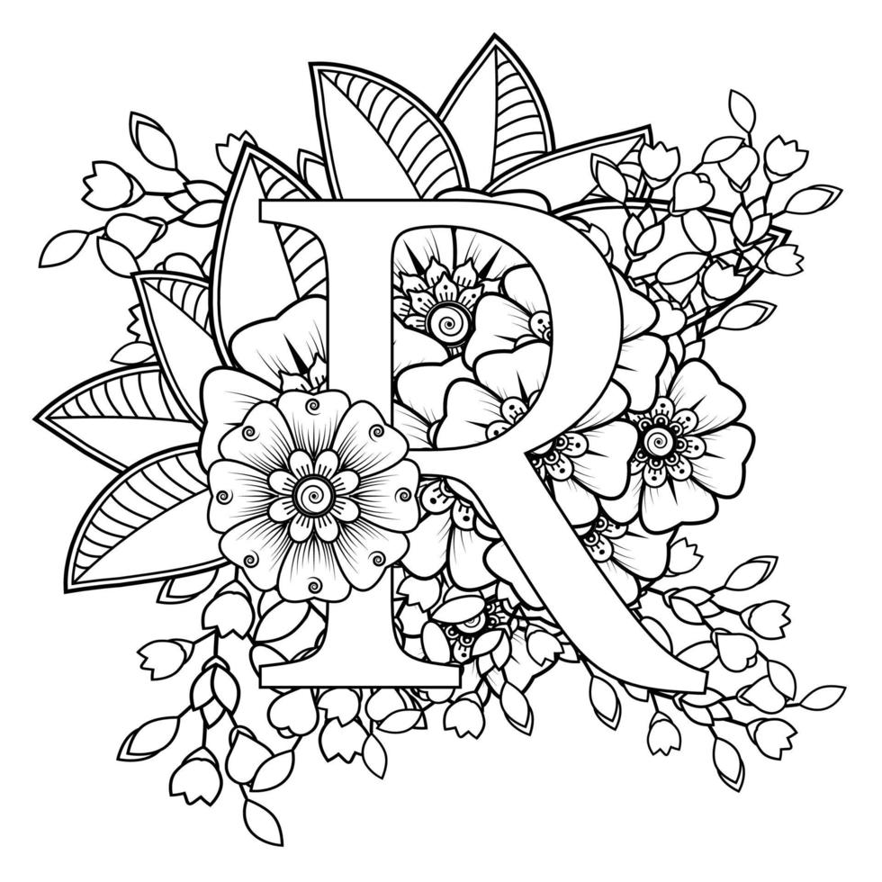 Letter R with Mehndi flower. decorative ornament in ethnic oriental vector