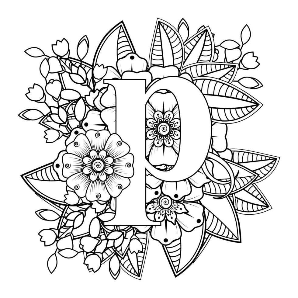 Letter P with Mehndi flower. decorative ornament in ethnic oriental vector