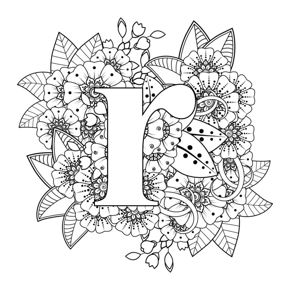 Letter R with Mehndi flower. decorative ornament in ethnic oriental vector