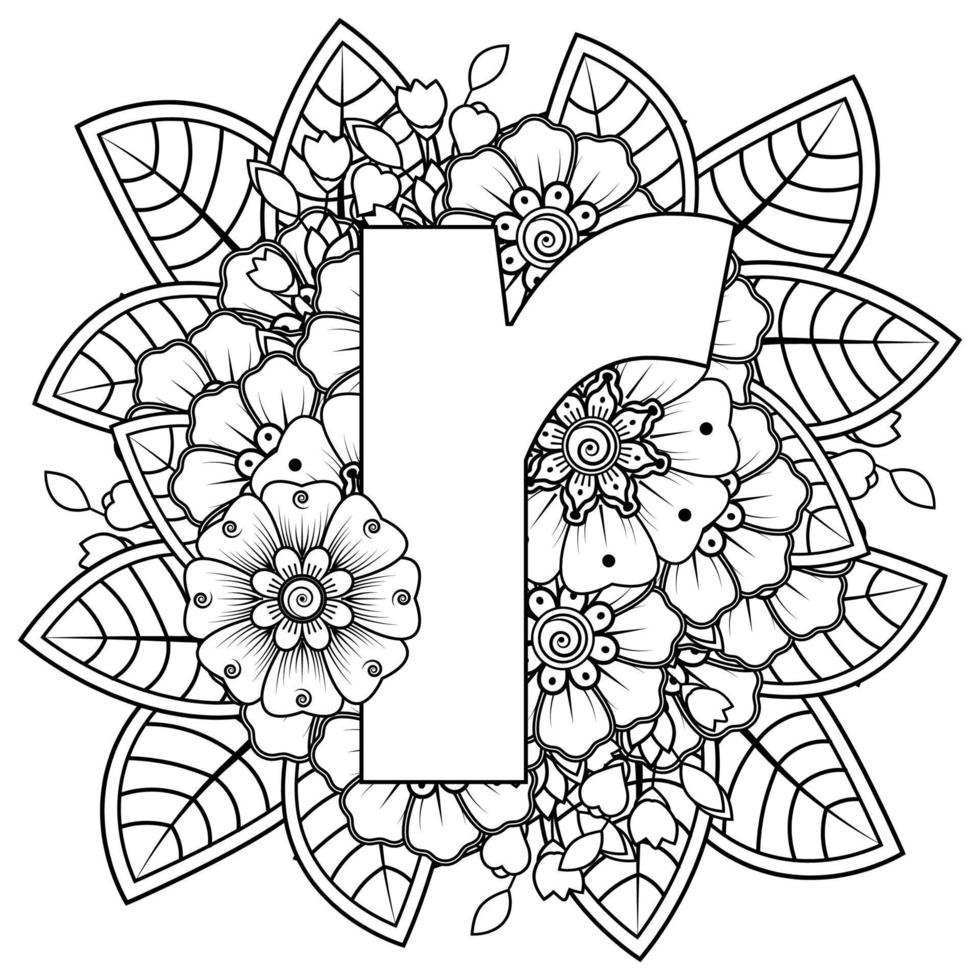 Letter R with Mehndi flower. decorative ornament in ethnic oriental vector