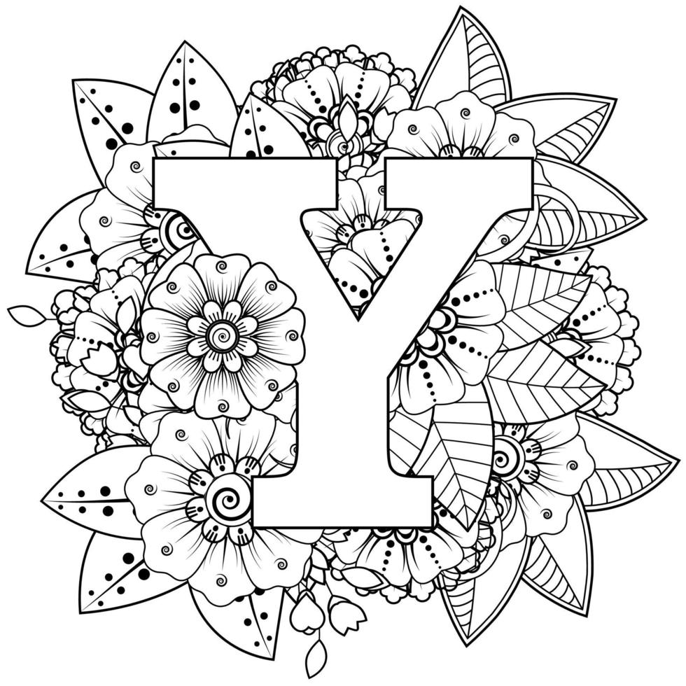 Letter Y with Mehndi flower. decorative ornament in ethnic oriental vector