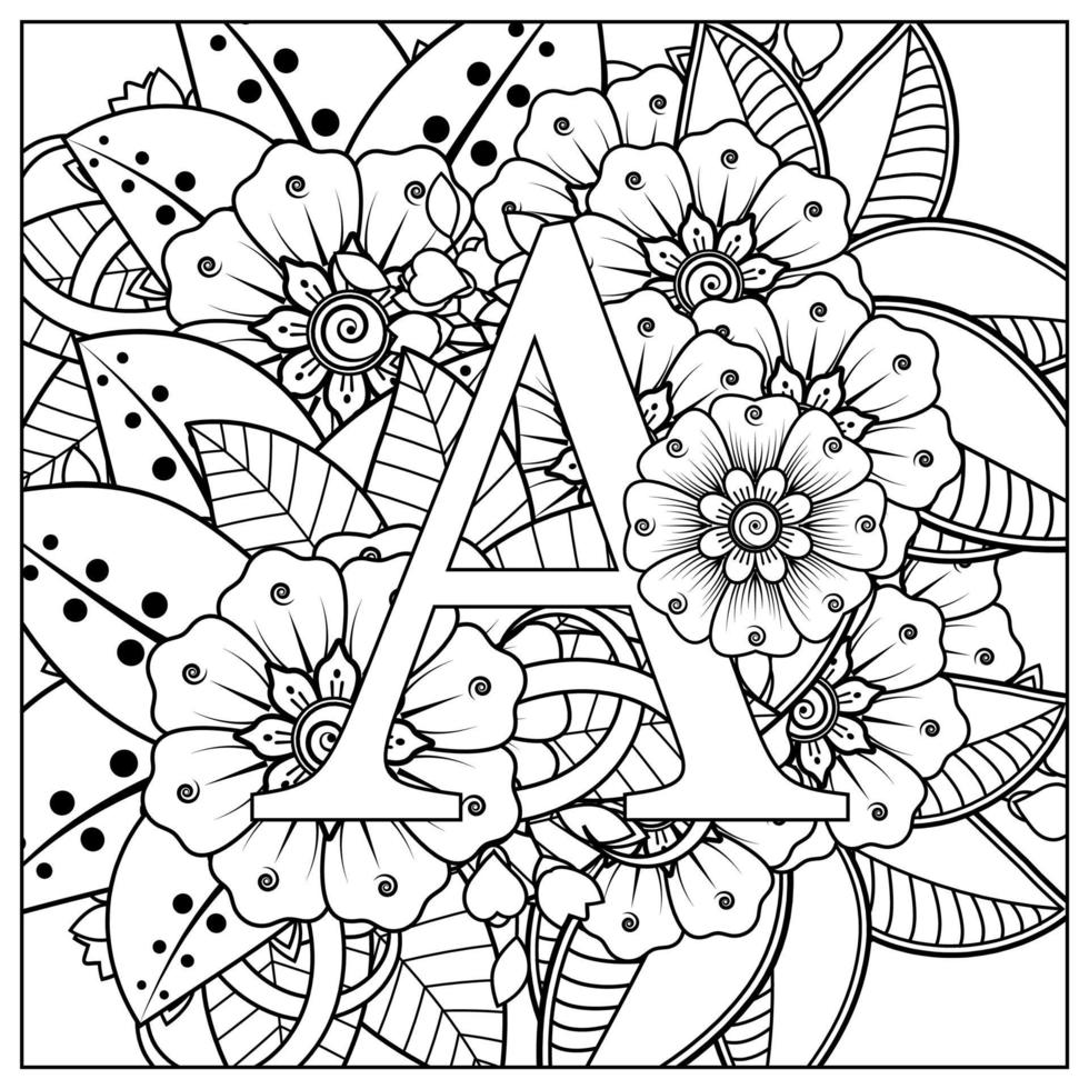 Letter A with Mehndi flower. decorative ornament in ethnic oriental.. vector