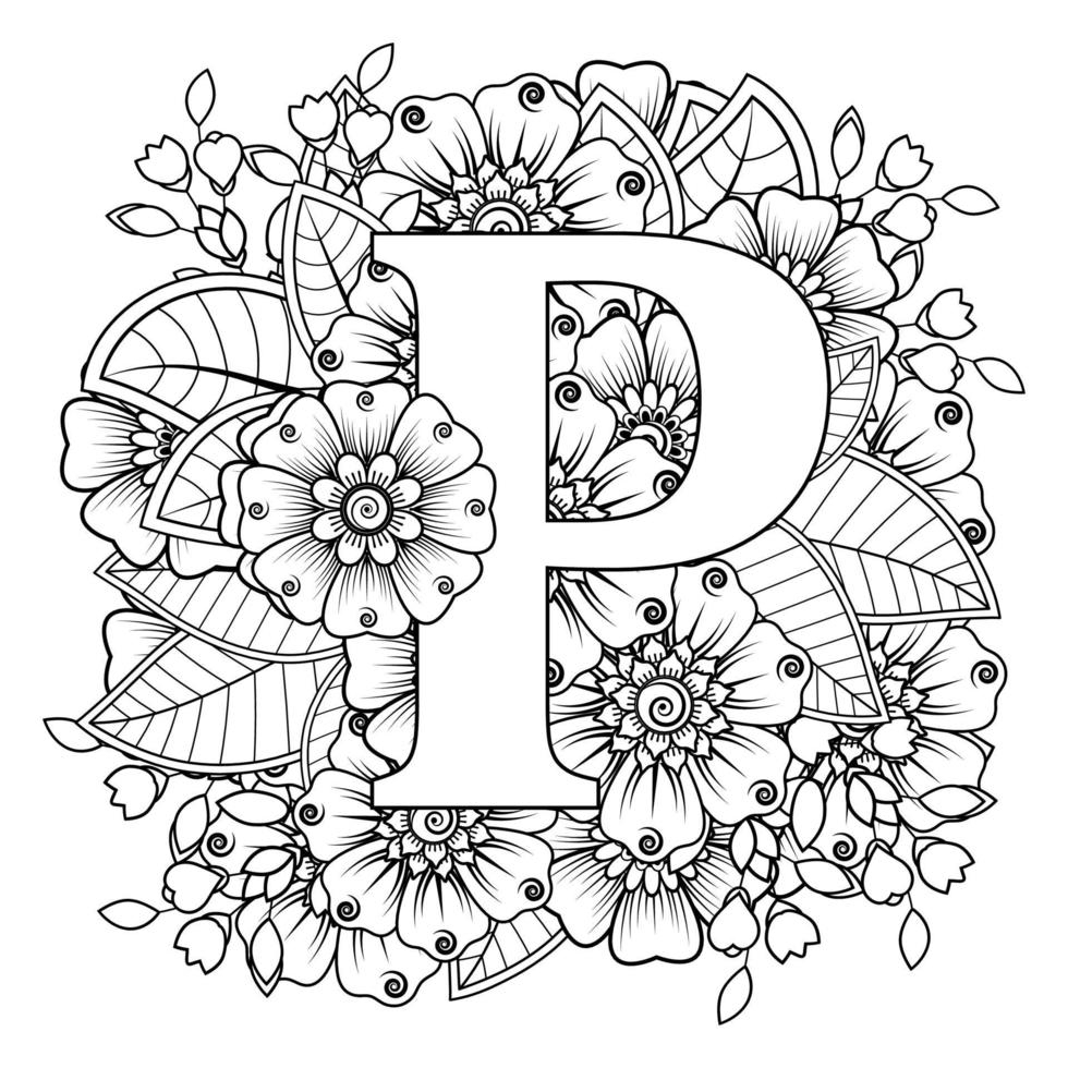 Letter P with Mehndi flower. decorative ornament in ethnic oriental vector