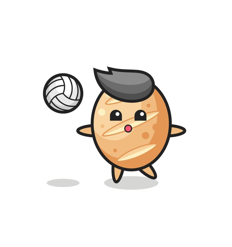 personaje de dibujos animados de pan francés está jugando voleibol vector