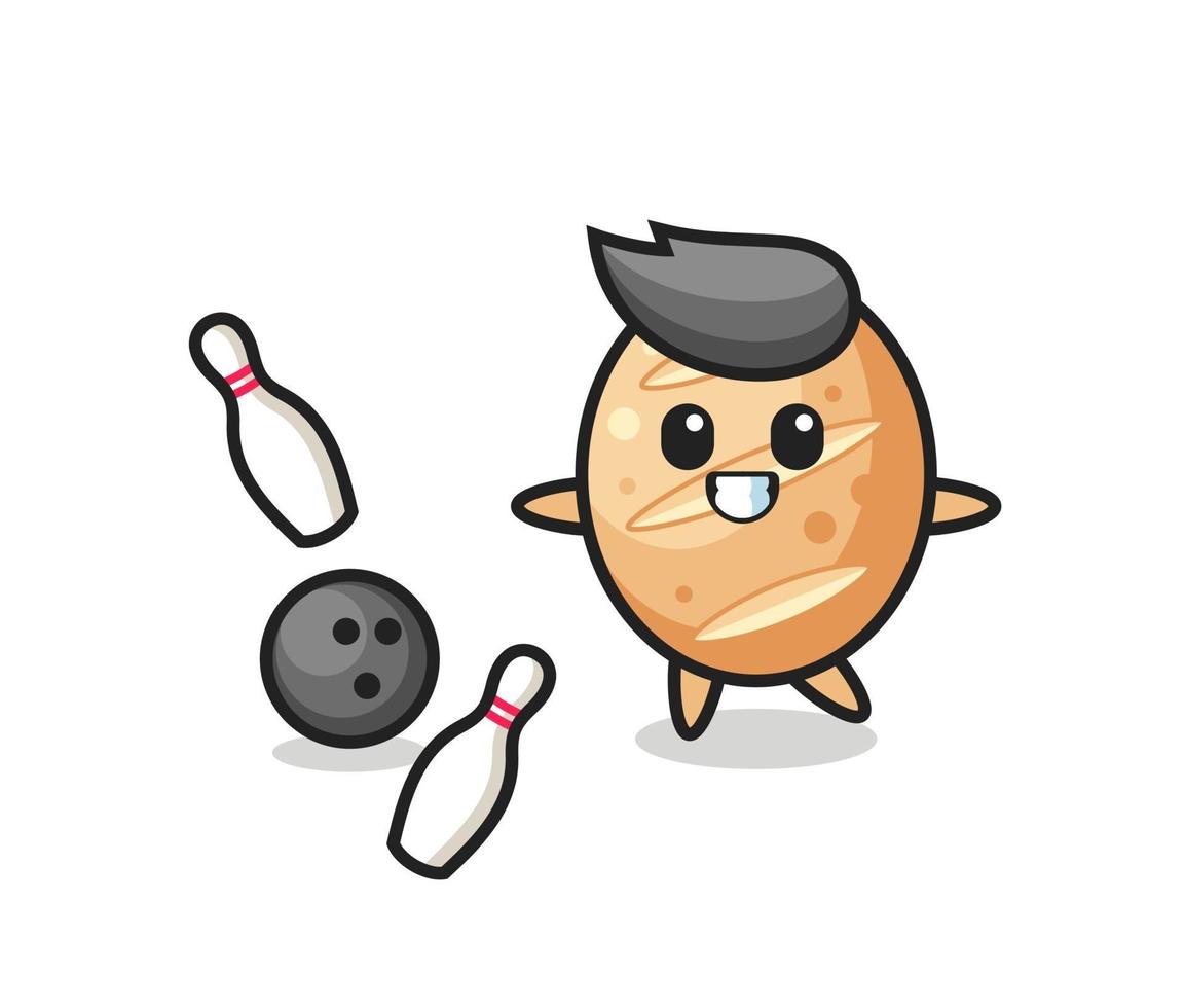 Character cartoon of french bread is playing bowling vector