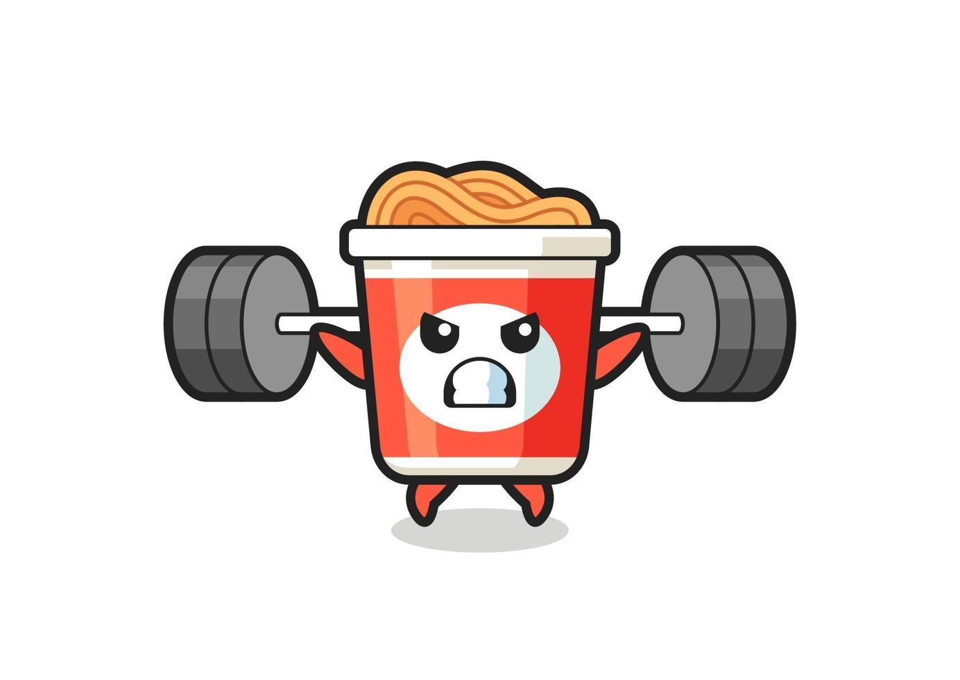 instant noodle mascot cartoon with a barbell vector