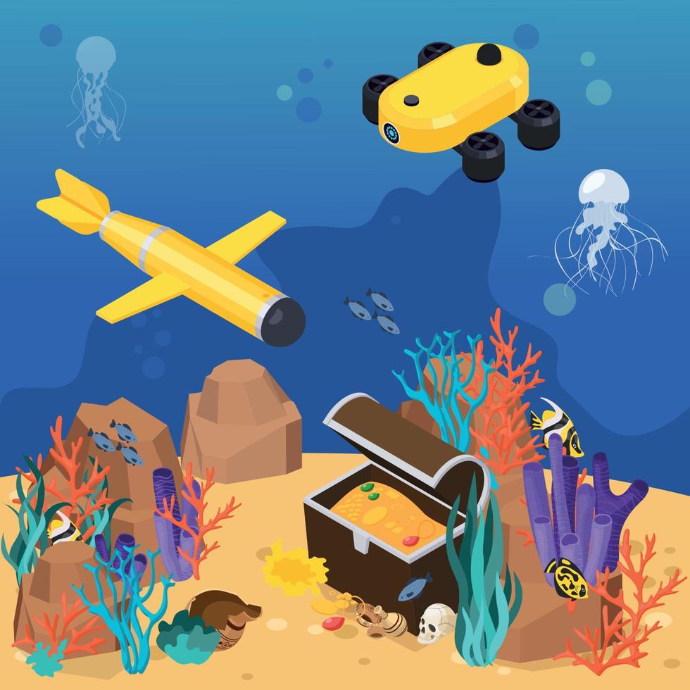 Isometric Colored Underwater Vehicles Machines Equipment Composition vector