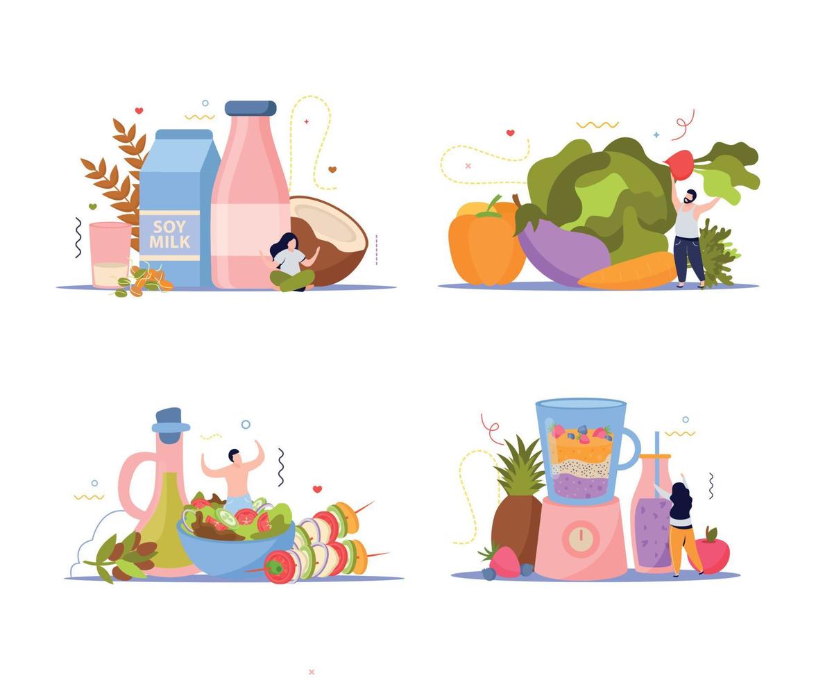 Conjunto de composiciones de comida vegana. vector