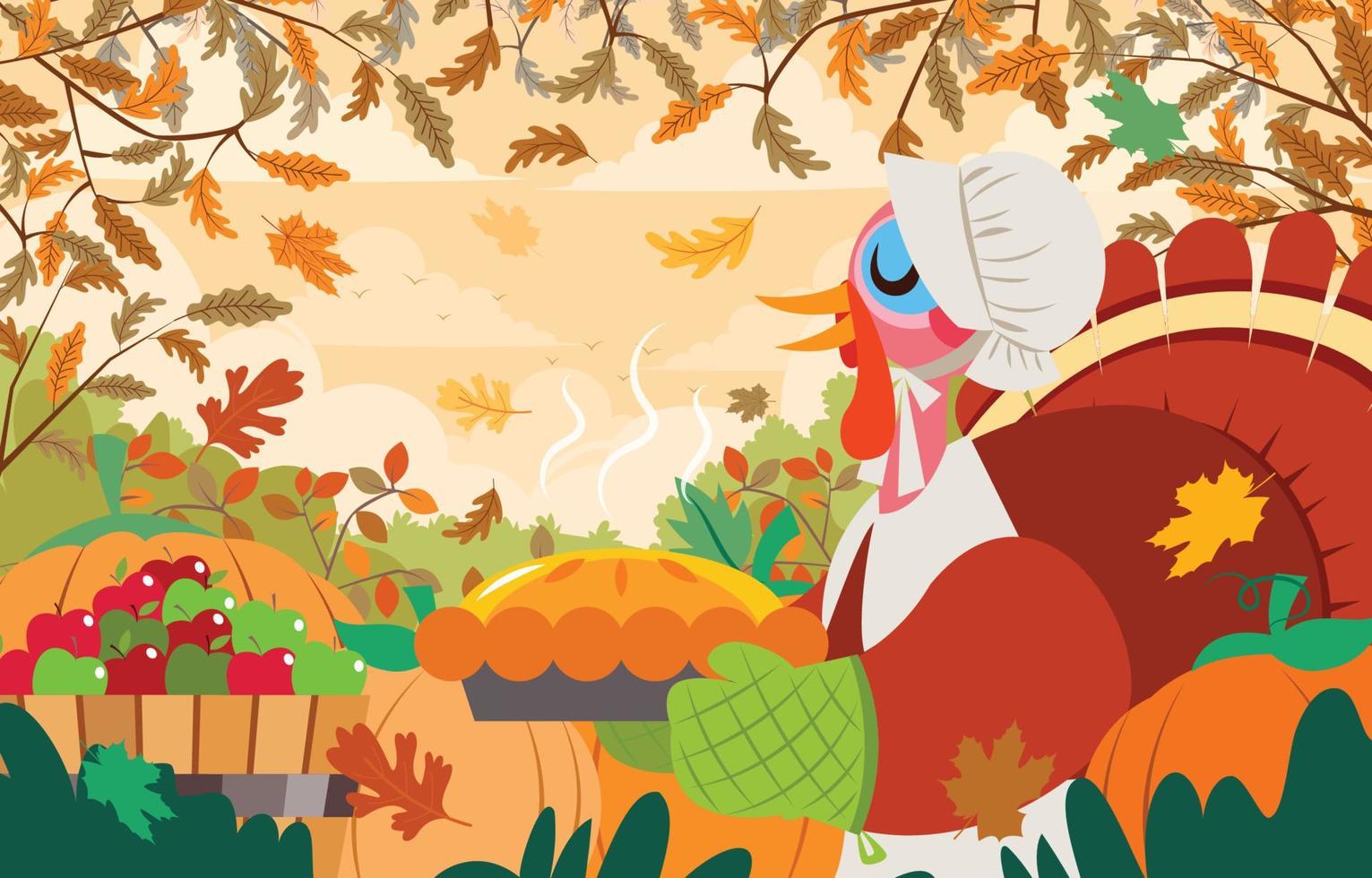 Happy Thanksgiving Background with Pilgrim Turkey Serving Pie vector
