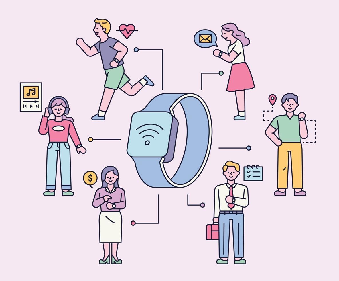 Characters around the smart watch are using various apps. vector