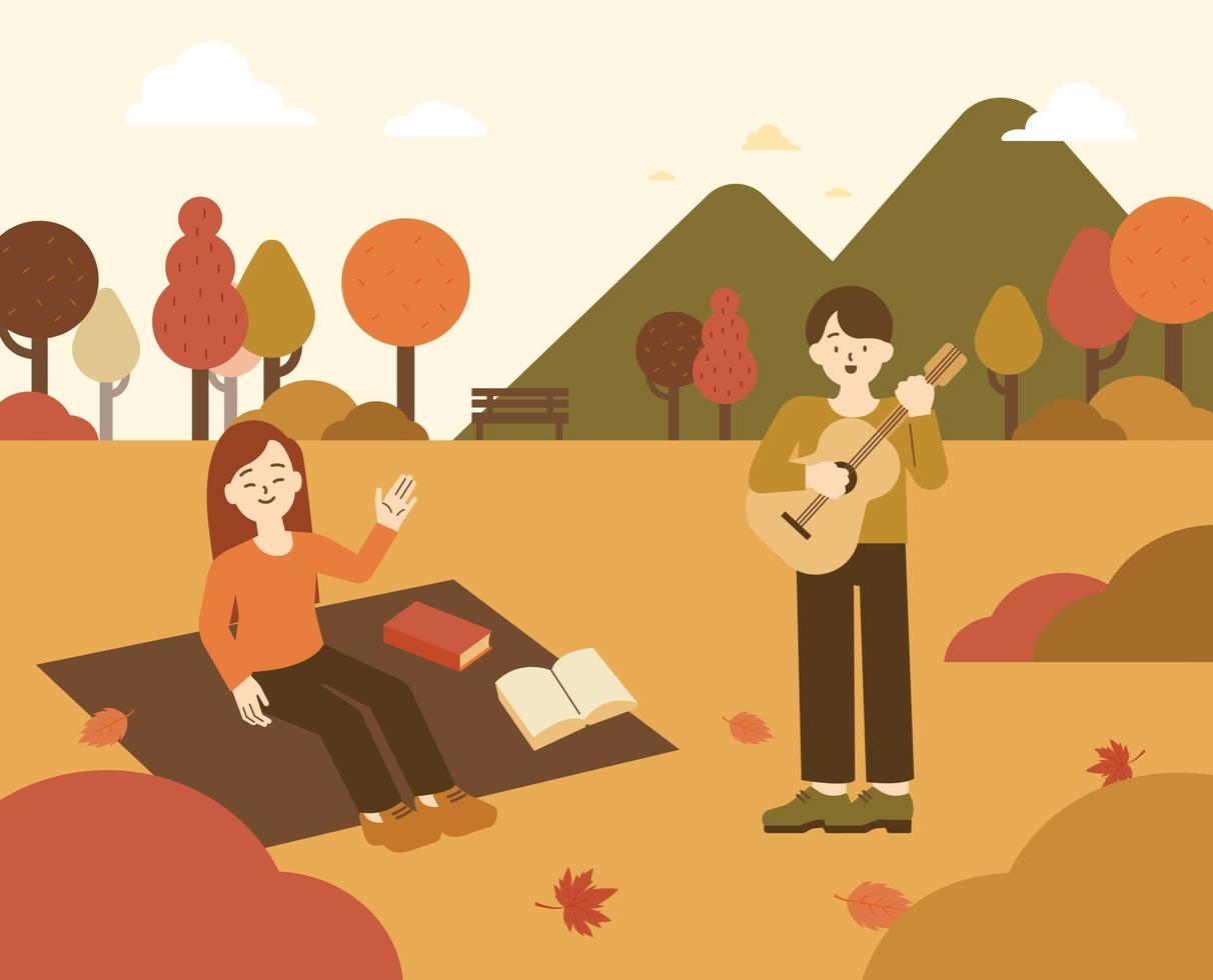 una pareja está haciendo un picnic en un parque de otoño. vector