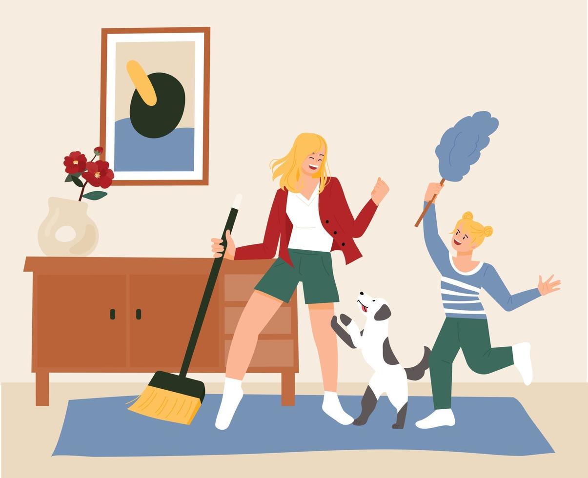 A mother, daughter and dog are cleaning while dancing happily. vector
