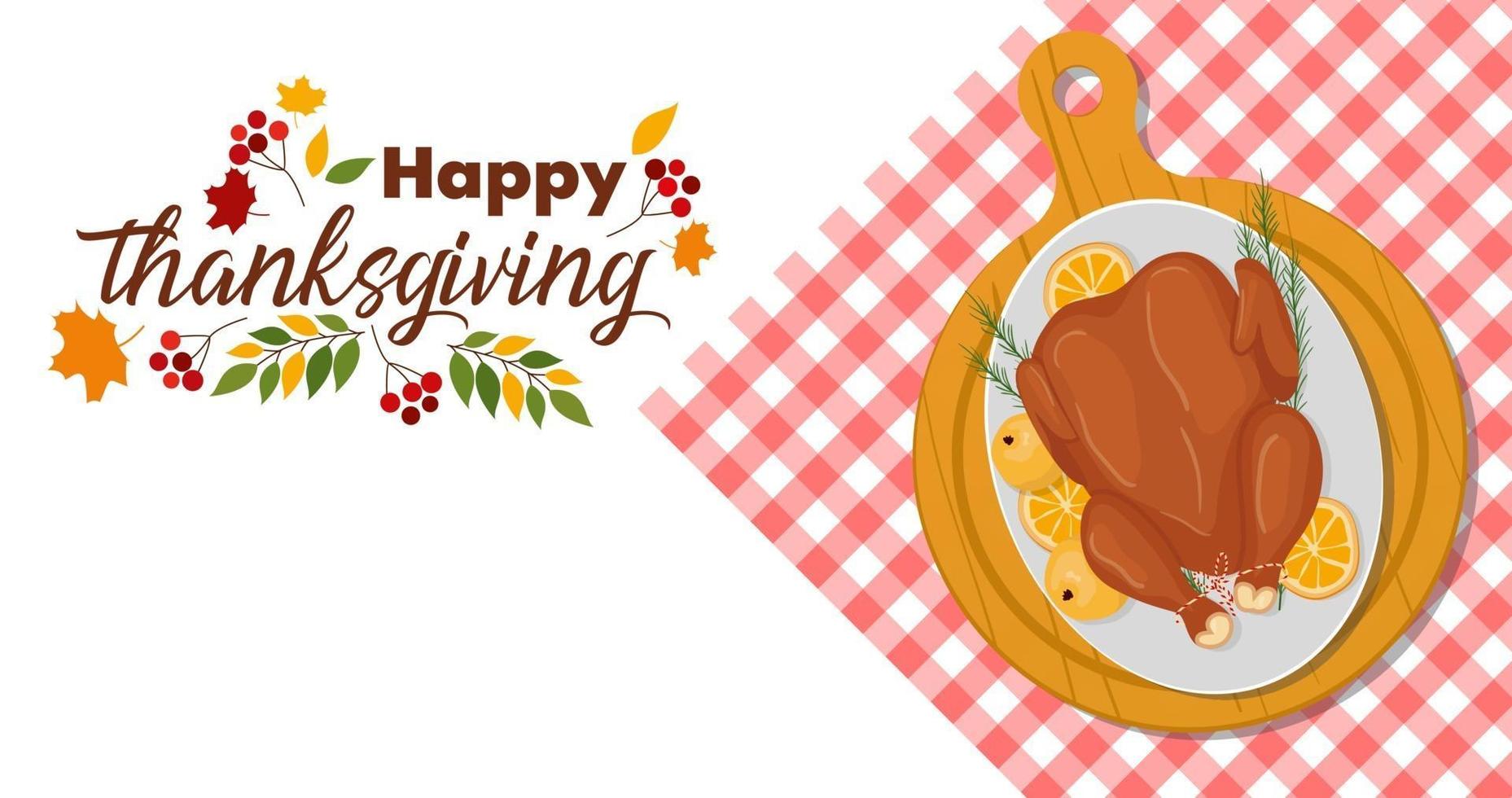 Happy thanksgiving turkey on the checkered tablecloth. Vector