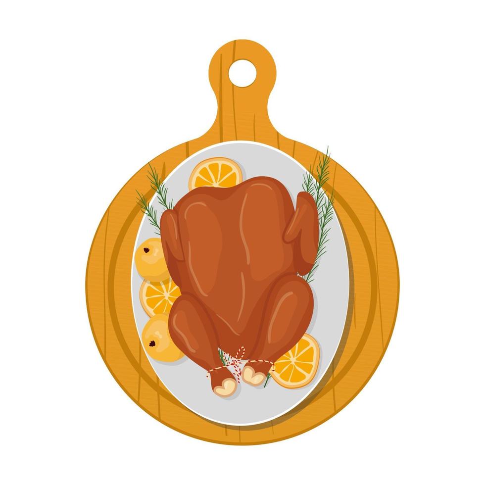 Roasted turkey isolated on white served on the plate. View from above vector