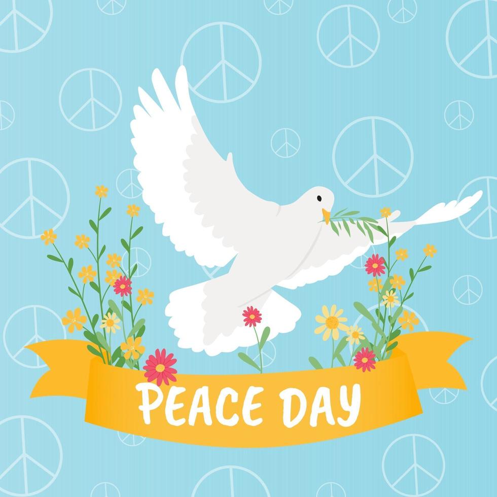 Vector illustration. Poster for peace day with dove and flowers