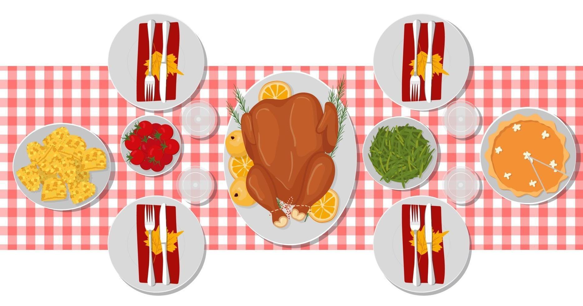 Thanksgiving table festive turkey dinner. Top view served table vector