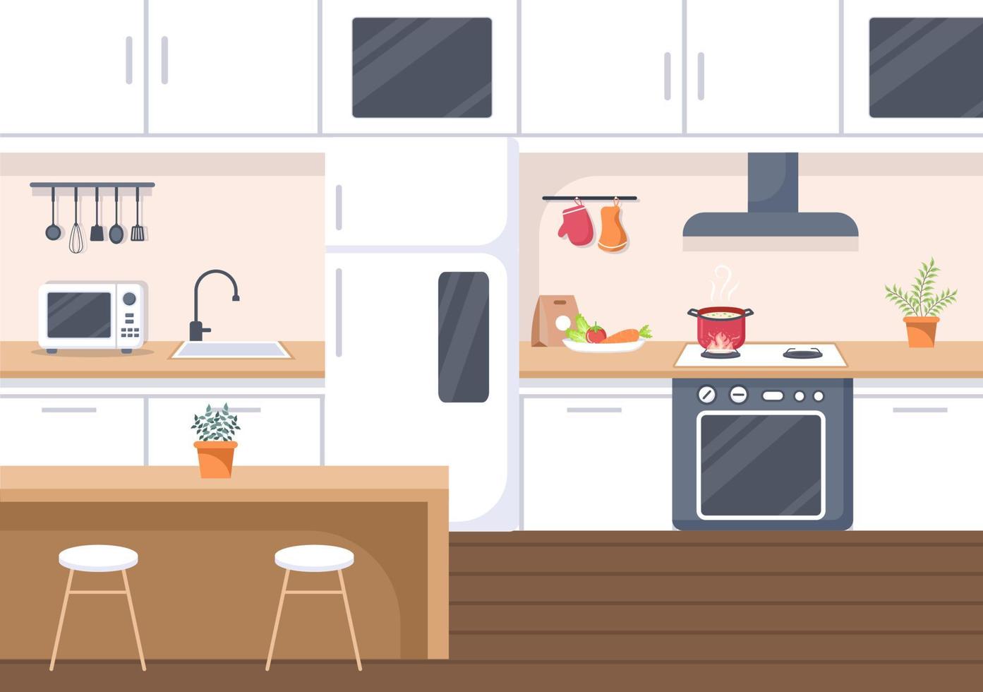 Sala de cocina con ilustración de vector de fondo de muebles