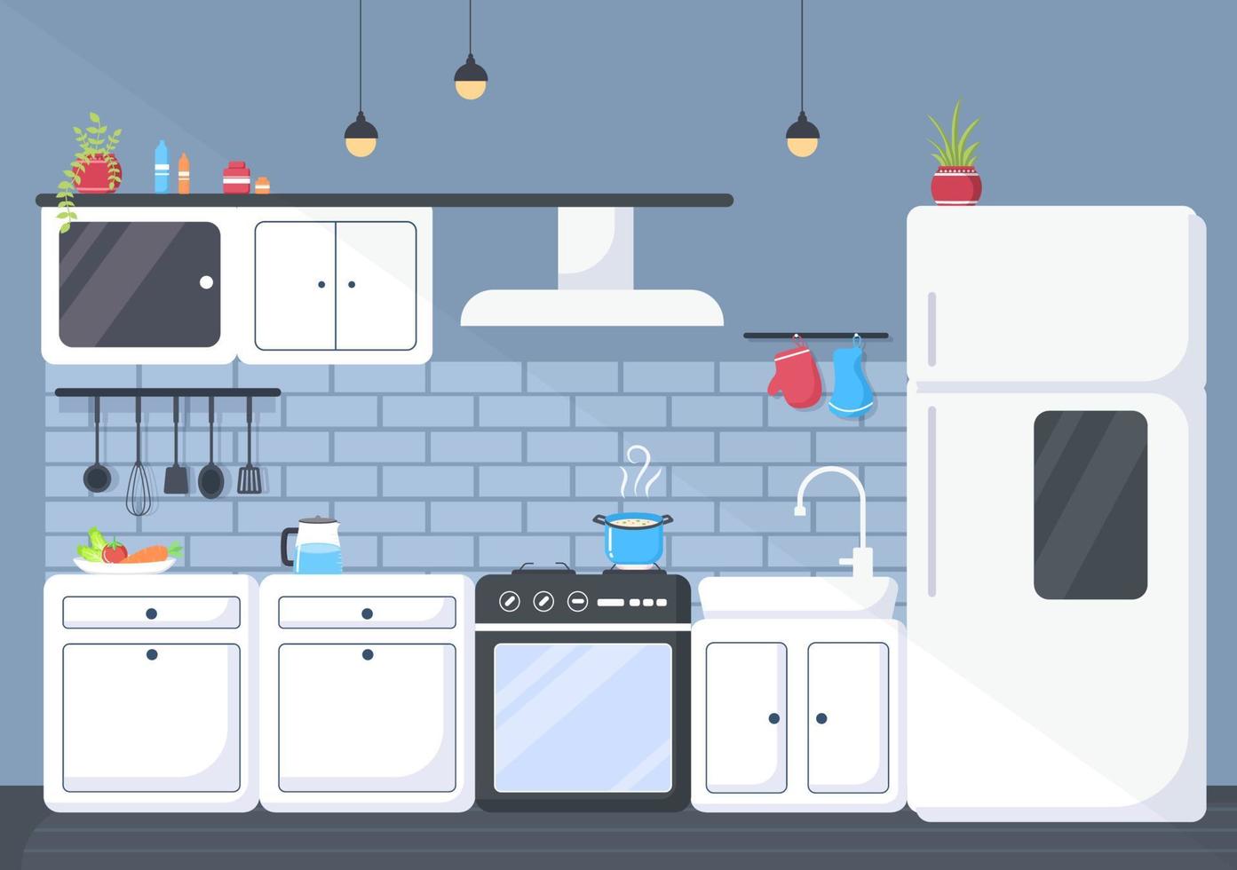 Sala de cocina con ilustración de vector de fondo de muebles