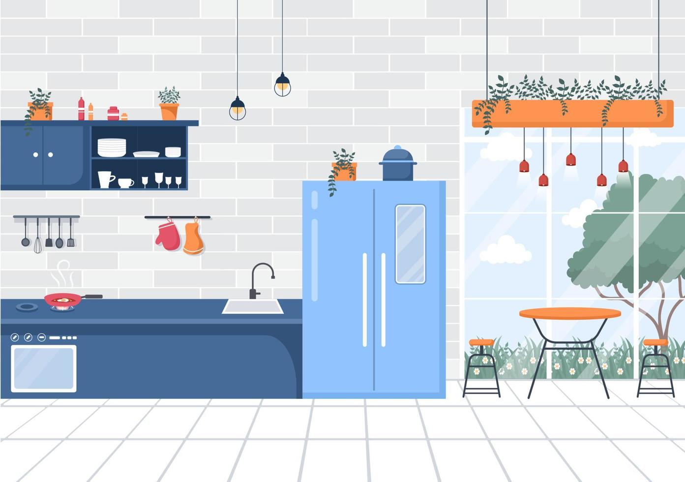 Kitchen Room with Furniture Background Vector Illustration