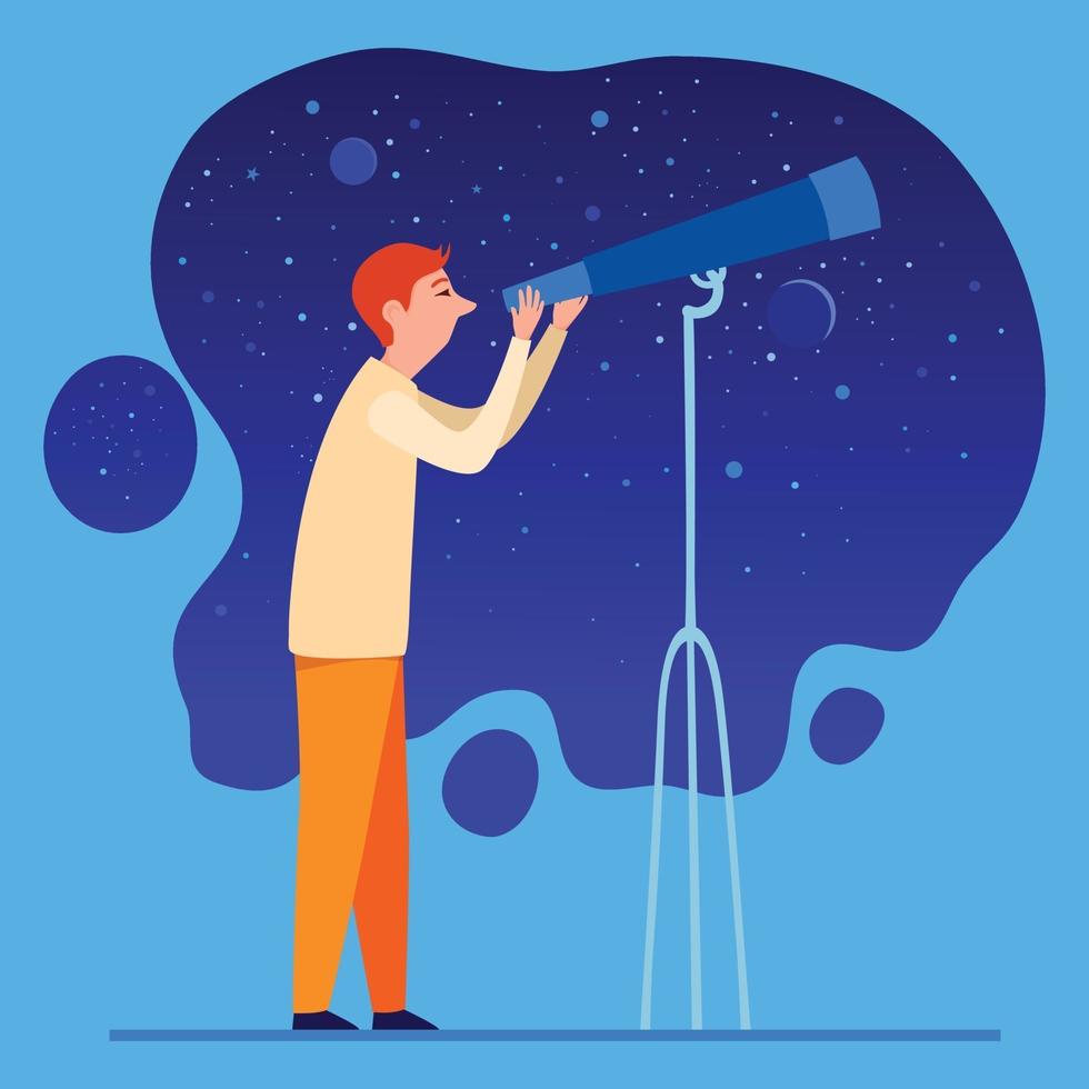 astrónomo con telescopio en el icono del cielo nocturno, estilo de dibujos animados vector