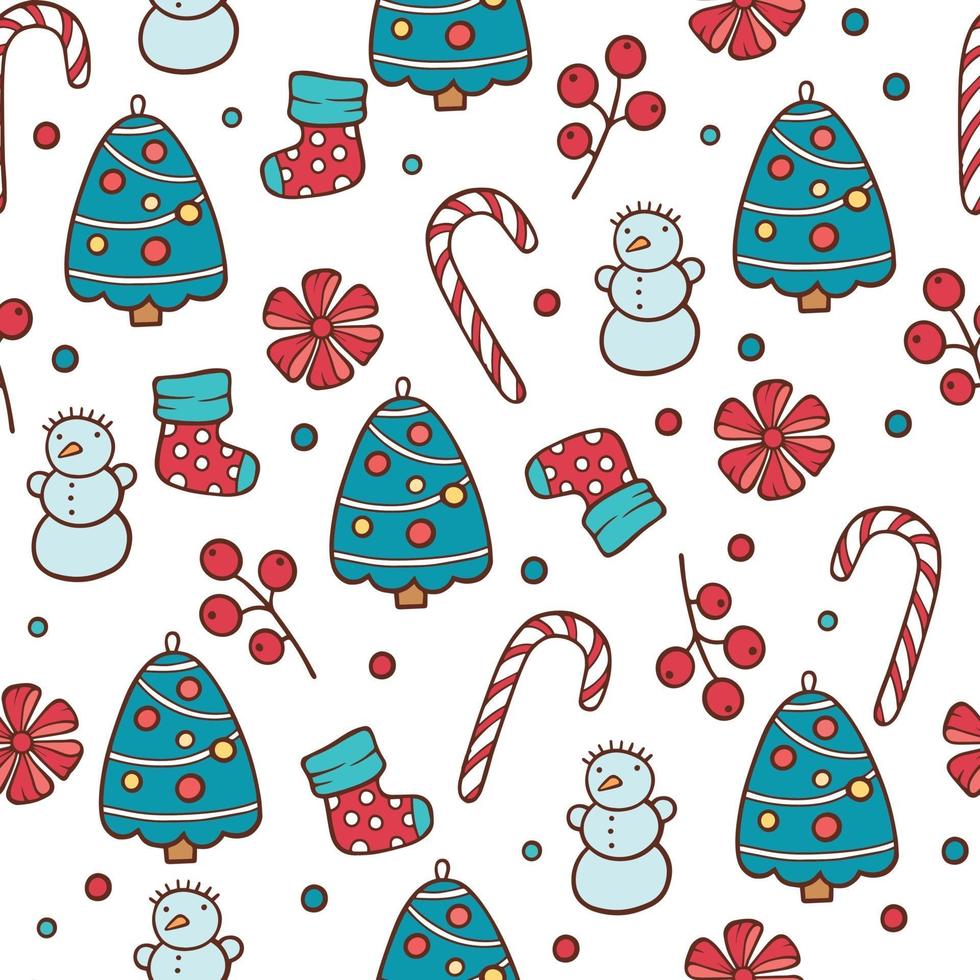 Christmas seamless pattern with snowman, fir trees and snowflakes. vector