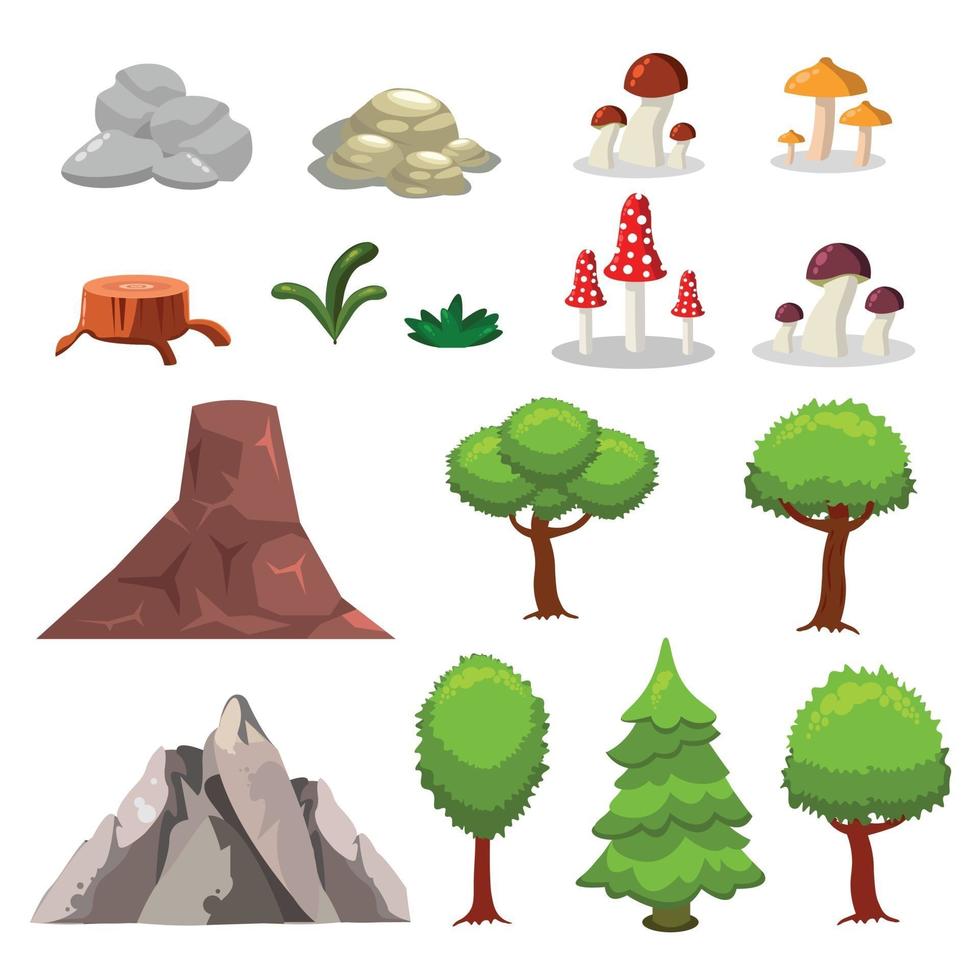 Cartoon nature landscape elements set, trees, stones and grass clip vector