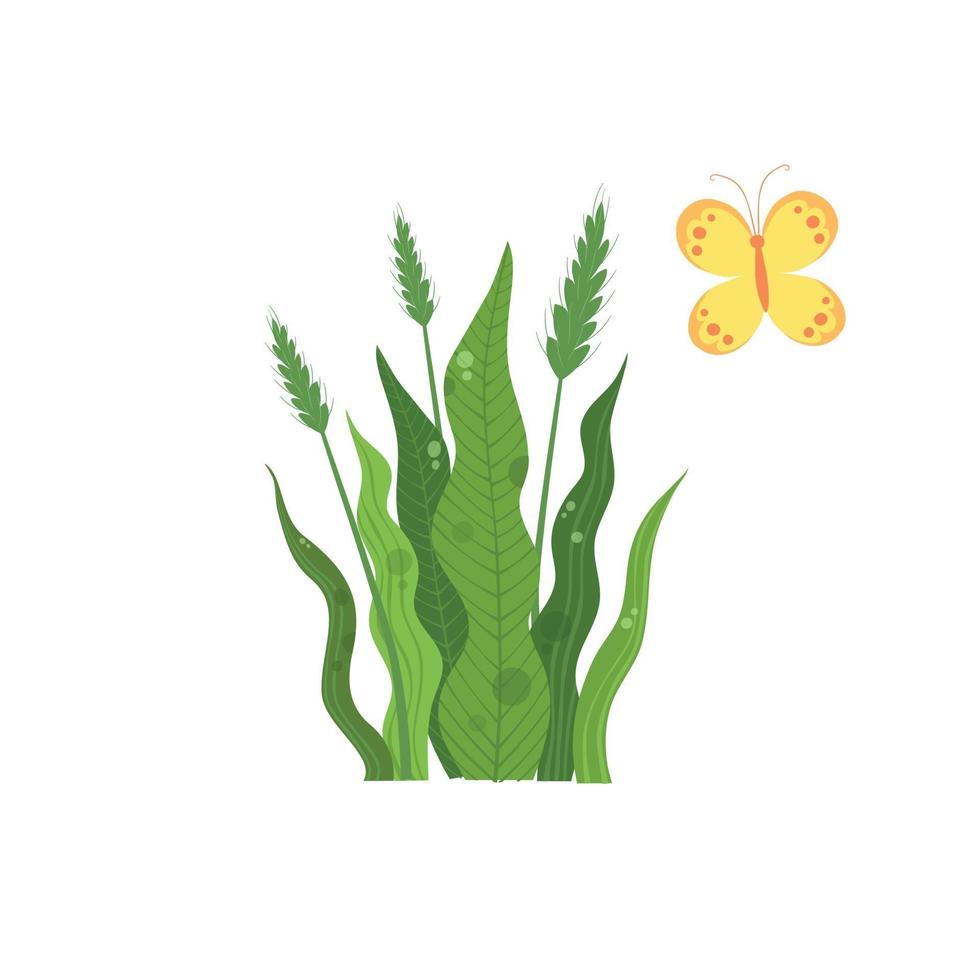 Green wheat plant near colorful butterfly icon, cartoon style vector