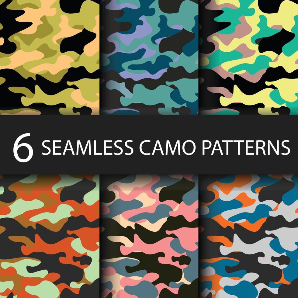 Set of 6 pack Camouflage seamless patterns background with black vector