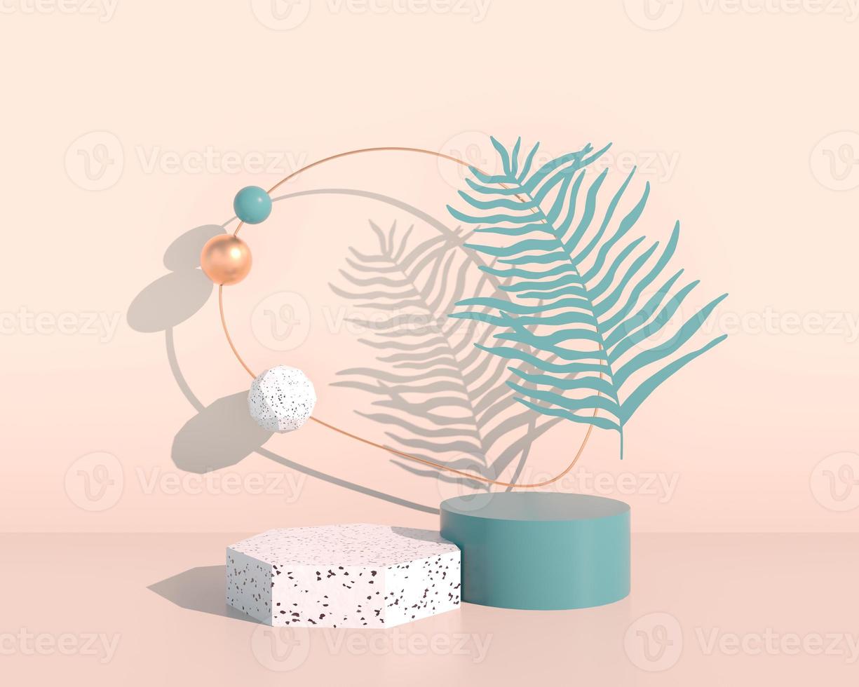 Product display podium decorated with leaves on pastel background, 3d illustration photo