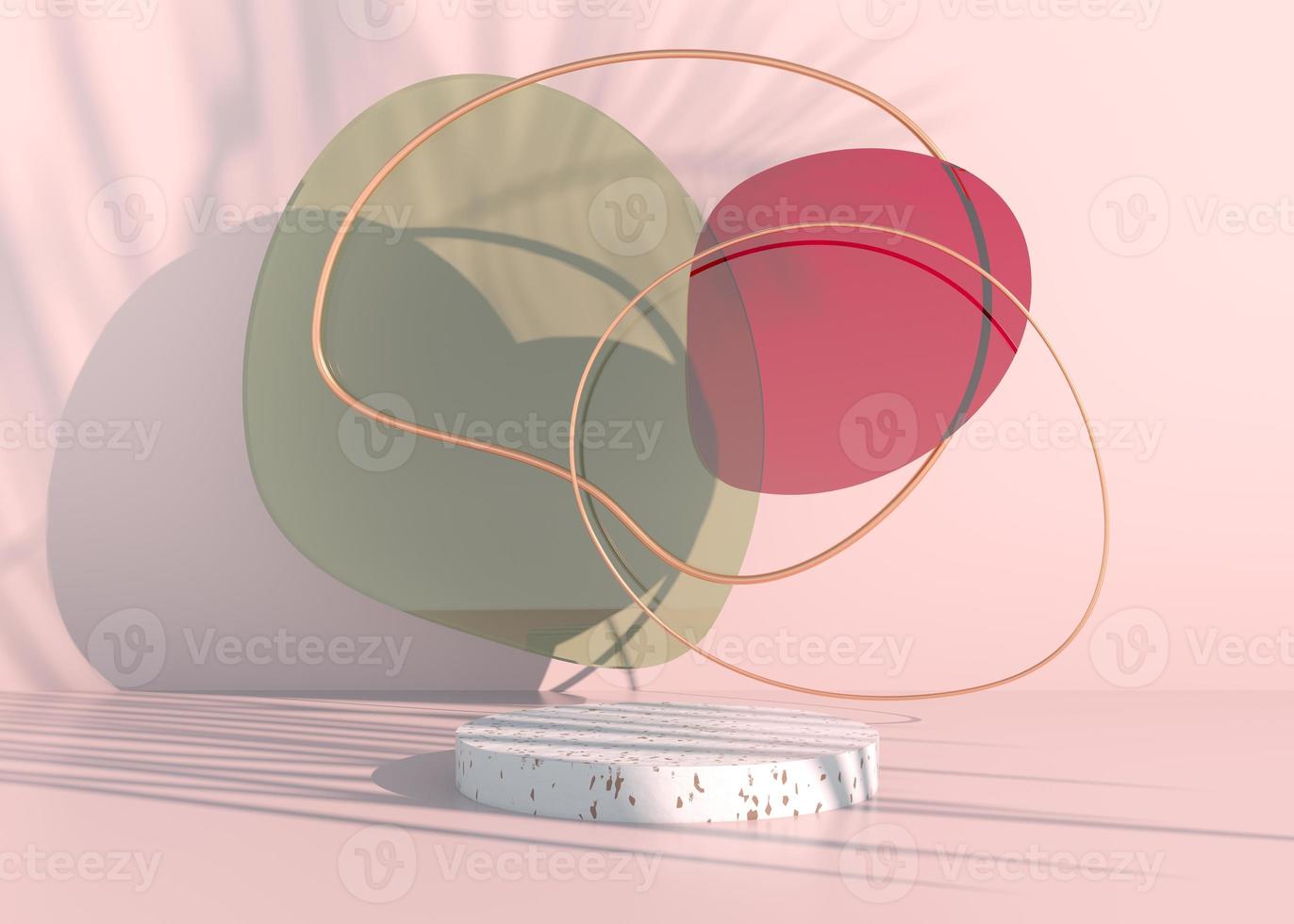 Boho podium with palm leaves shadows and pastel colors for cosmetic product presentation. Empty showcase pedestal backdrop mock up. 3d render. photo