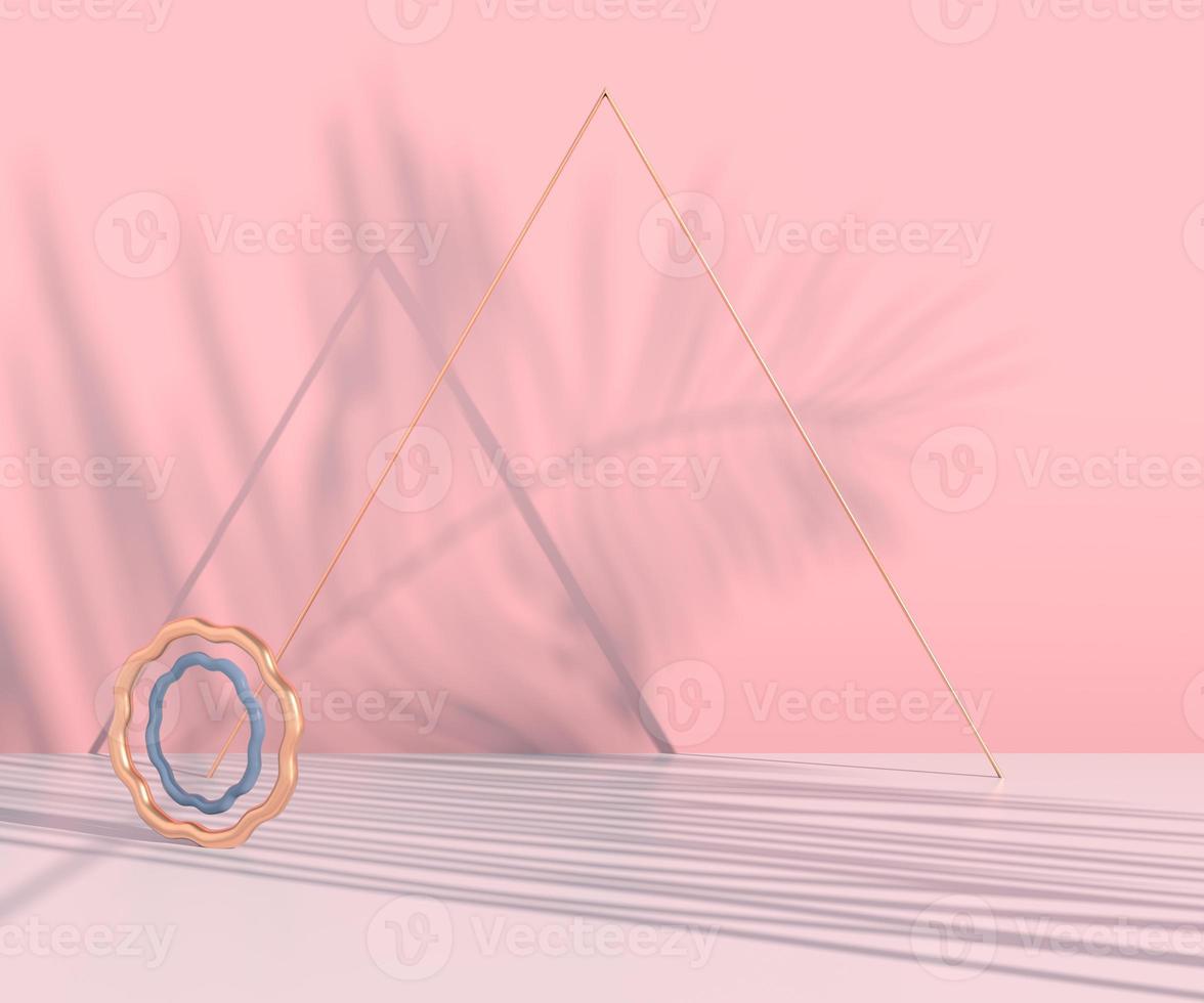 Podium with palm leaves shadows for cosmetic product presentation. Empty showcase pedestal backdrop mock up. 3d render. photo