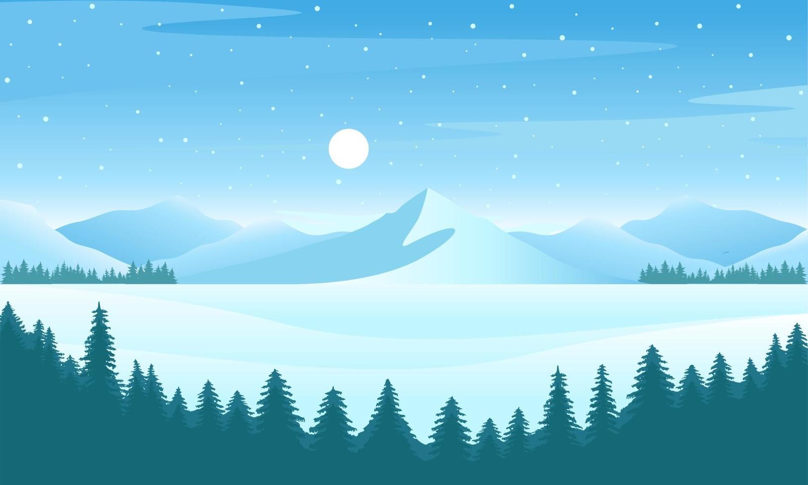 Vector winter landscape illustration. Mountain tree forest
