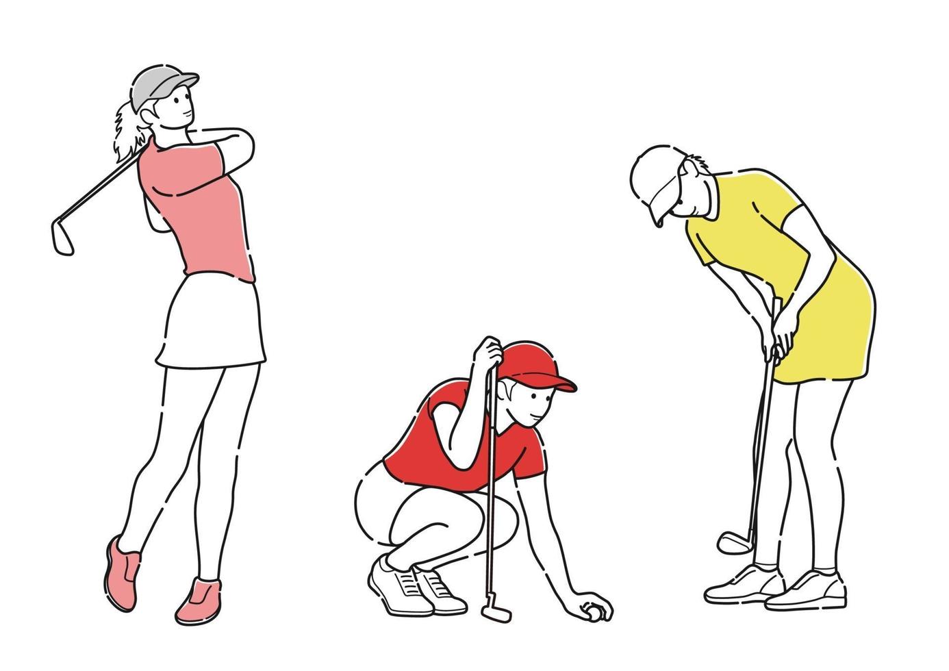 Set Of Golfers Simple Line Drawings Isolated On A White Background. vector