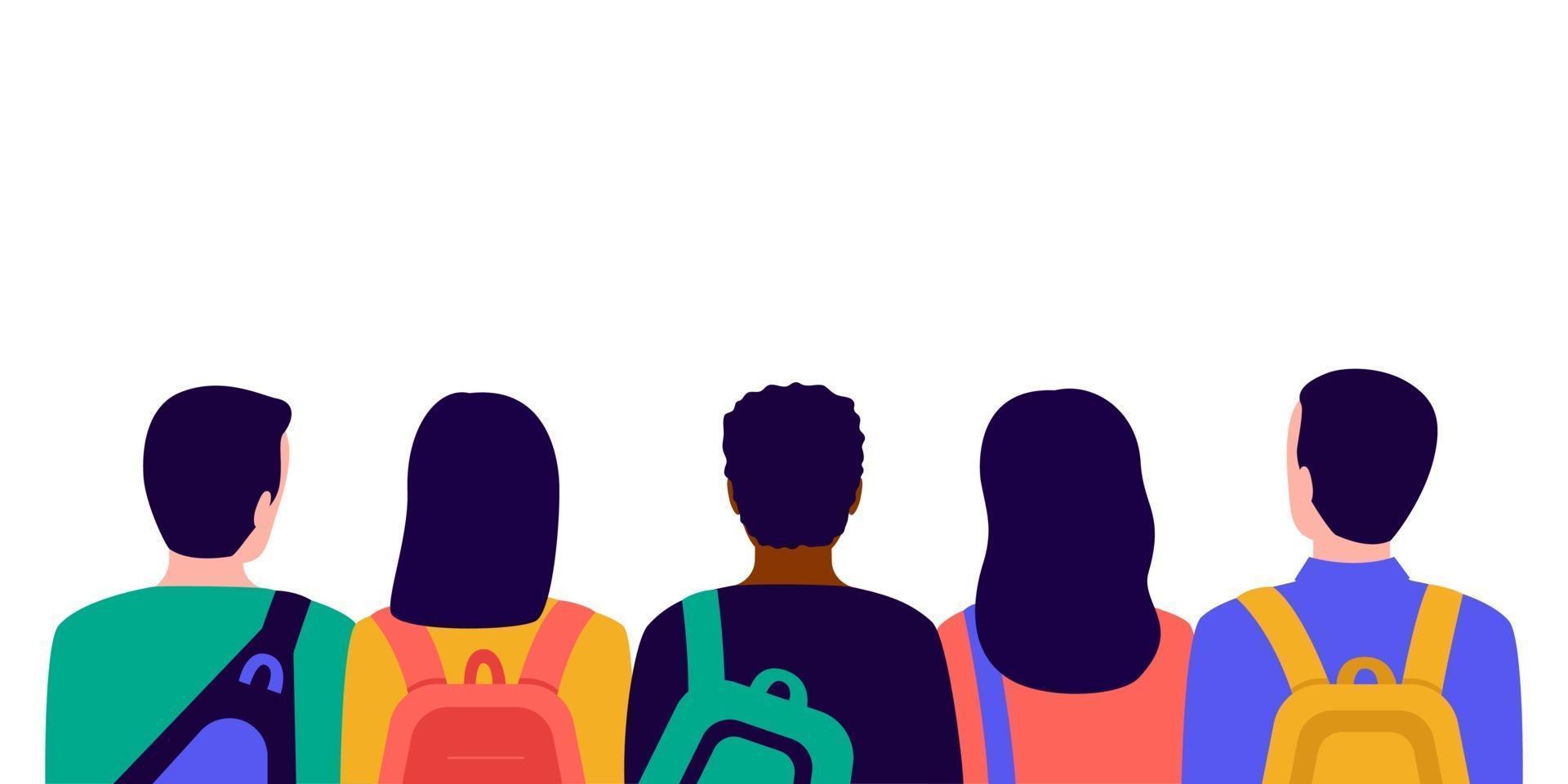 Group of students with bags in school, back view vector