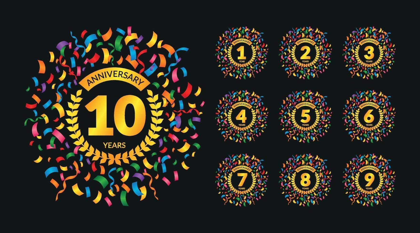 insignias de aniversario para niños con confeti de colores vector