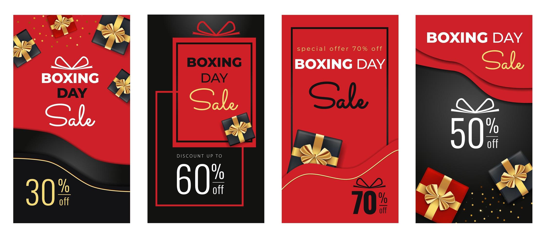 Boxing Day Sale templates set for social media stories with of black, red gift boxes, golden ribbon bow, and abstract background. vector