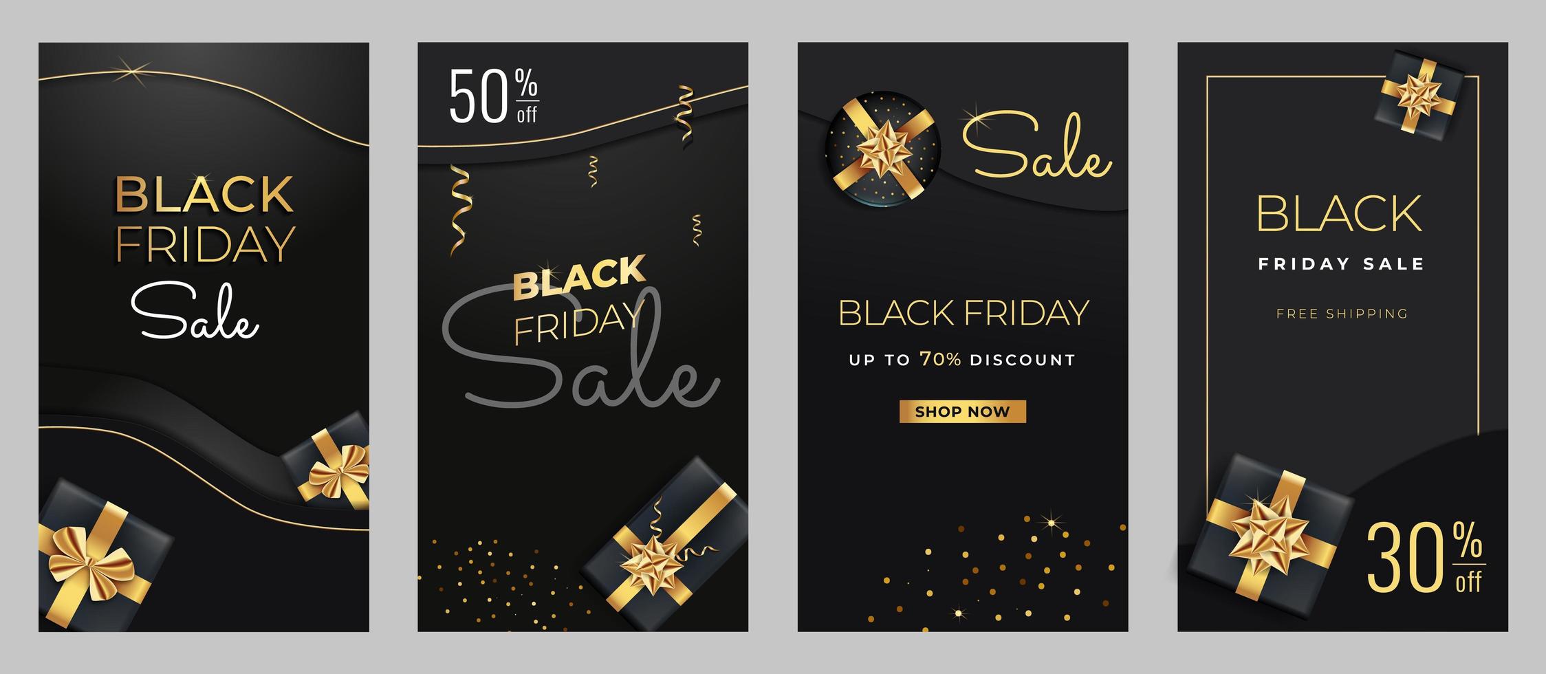 Banners verticales de venta de viernes negro con cajas de regalo negras y doradas. vector