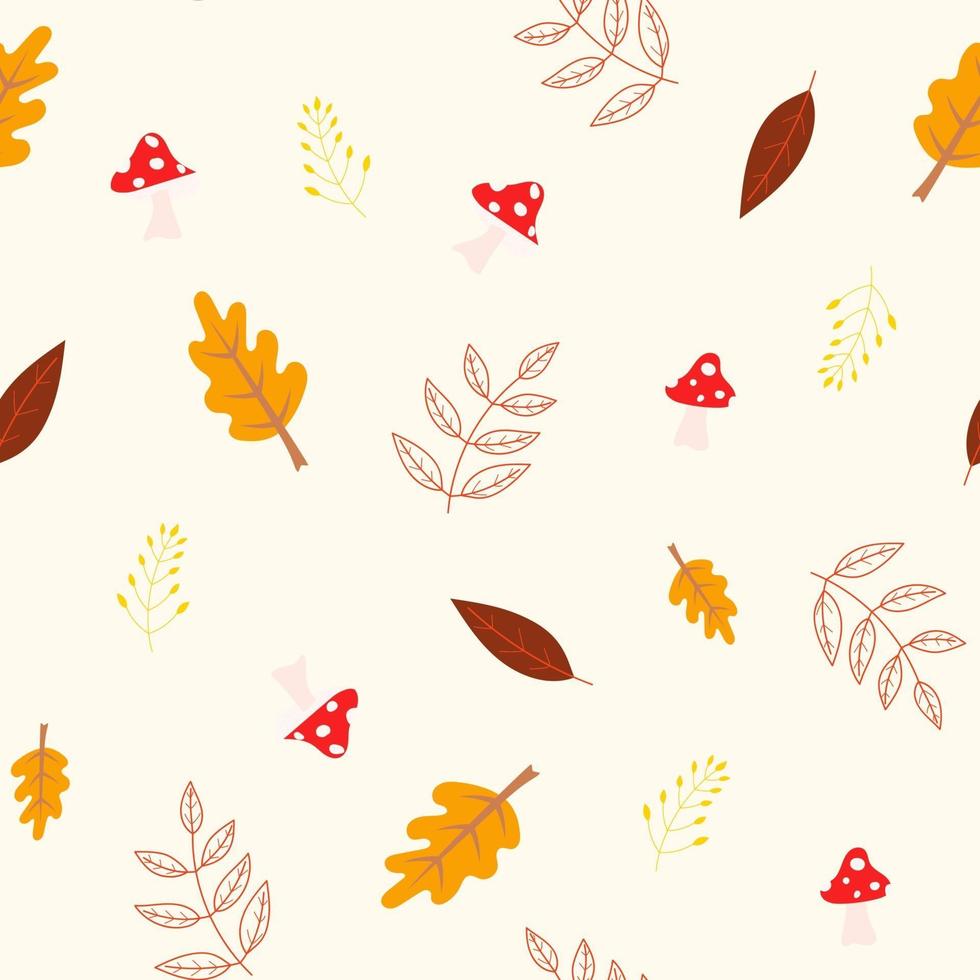 seamless autumn pattern with leaves, mushrooms and branches. vector