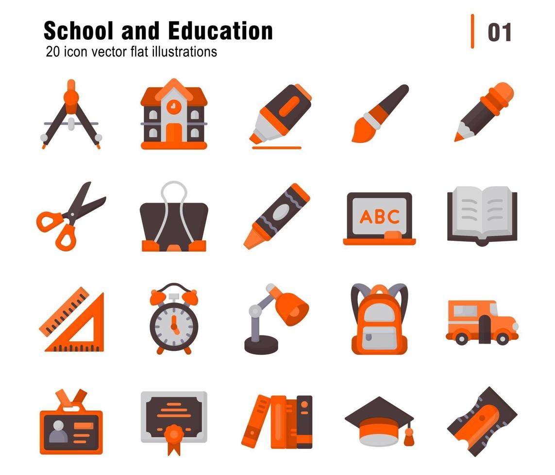 20 paquete de iconos de ilustración plana de escuela y educación vector