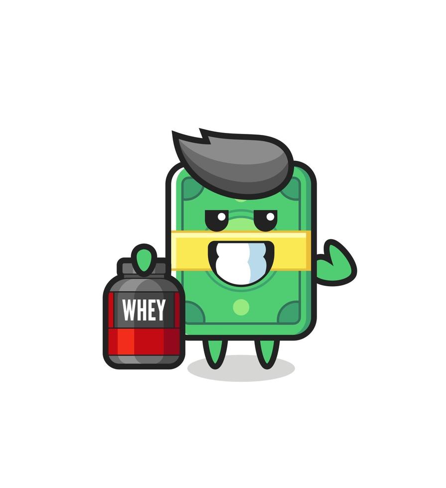 the muscular money character is holding a protein supplement vector